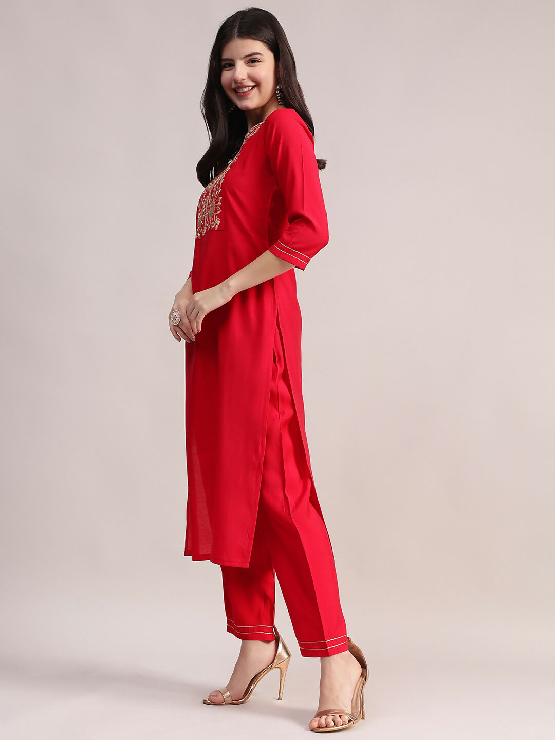 Aavyora Women's Red Embroidered Roman Silk Kurta, Palazzo & Organza Dupatta Set | Grocsy