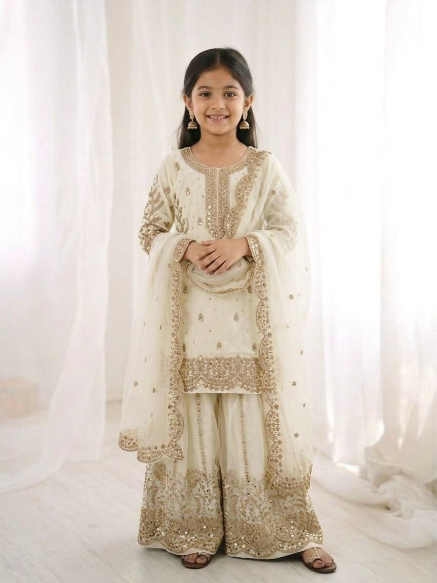 Teeya Creation New Trendy Fully Stitched Ready to Wear Kids Kurta Palazzo Set-White | Grocsy