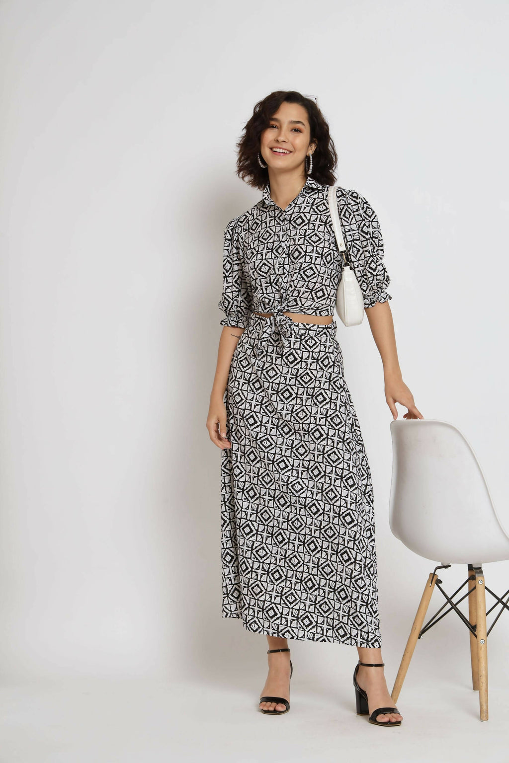 White Crepe Geometric Printed Top with Matching Skirt - Shivani | Grocsy