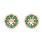 Nuyug 22K Gold-Plated Green Kundan Studded & Pearls Beaded Floral Shaped Studs | Grocsy