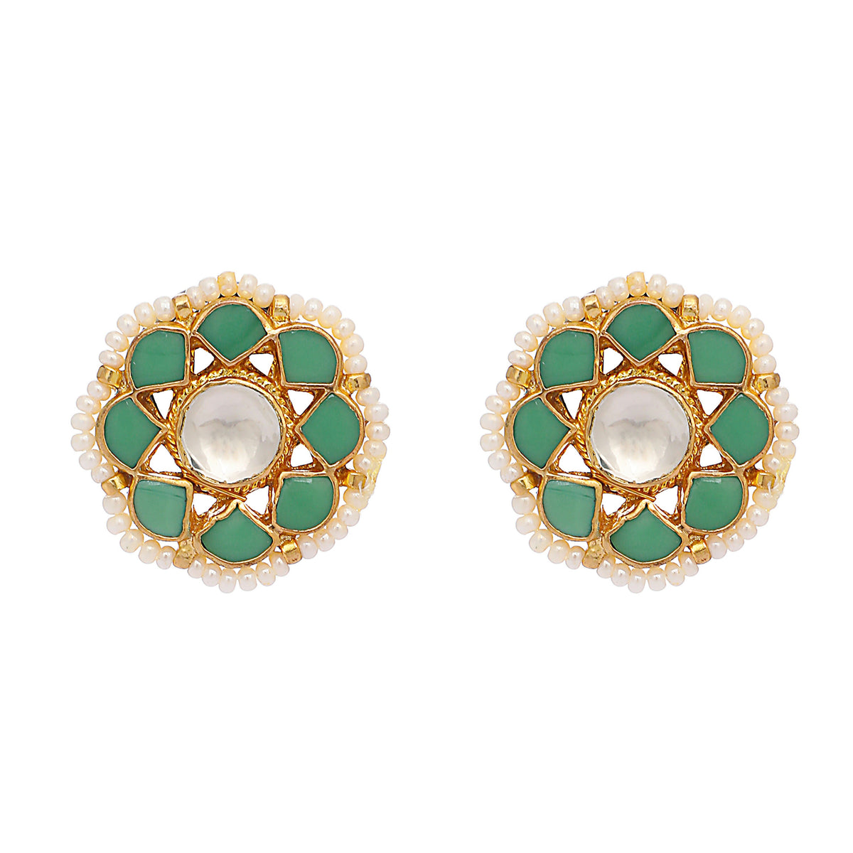 Nuyug 22K Gold-Plated Green Kundan Studded & Pearls Beaded Floral Shaped Studs | Grocsy