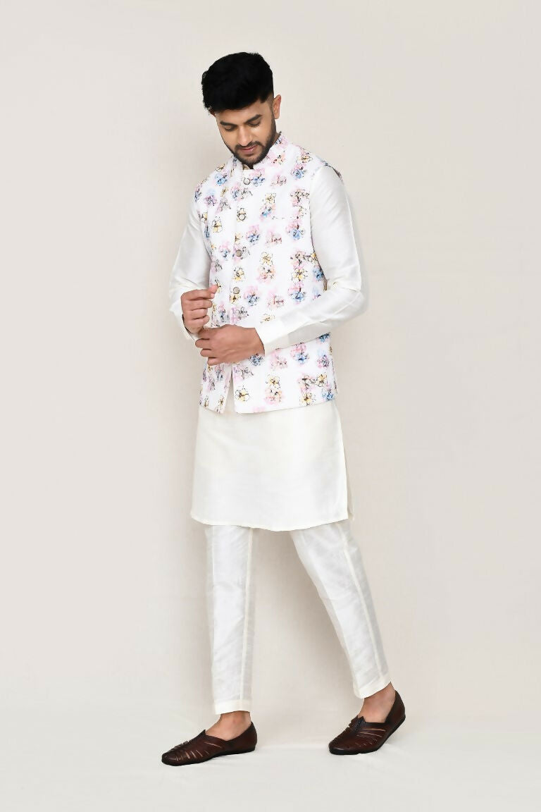Joban Fashion White Colored Art Silk Fabric Kurta, Jacket With Straight Fit Pant | Grocsy