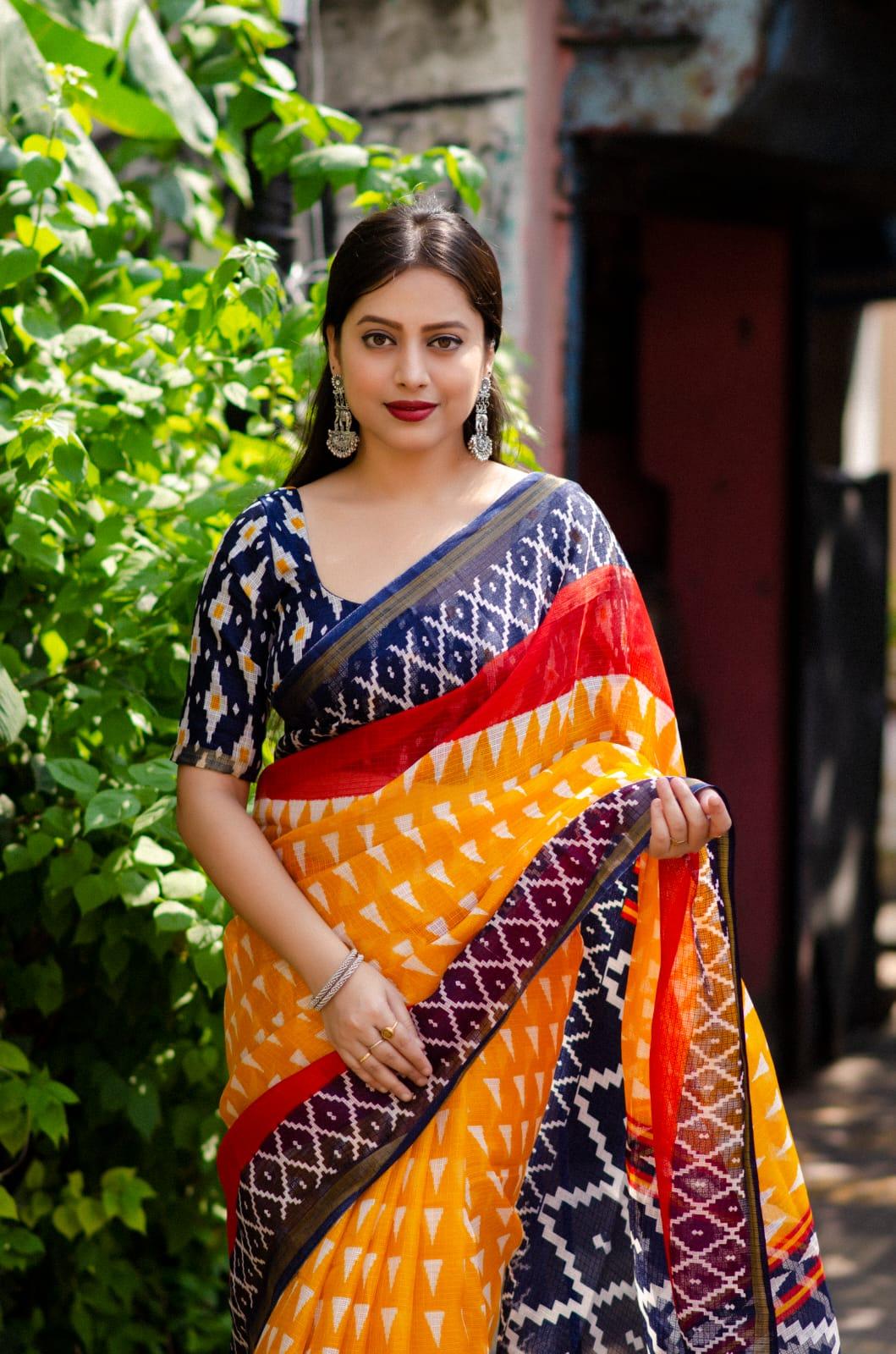 Yellow Polycotton Ethnic Motifs Saree with Unstitched Blouse - A2M | Grocsy