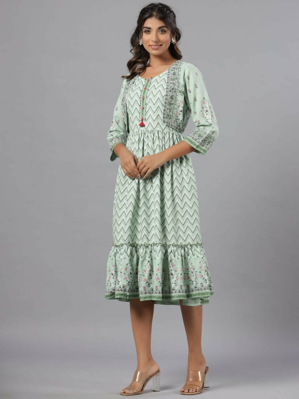 Juniper Women Sage Green Rayon Printed Jacket Style Midi Dress | Grocsy