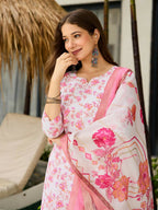 The52 Pink Women's Beautiful Printed Silk Blend Fabric with Straight Kurta, Pant and Dupatta Set | Grocsy