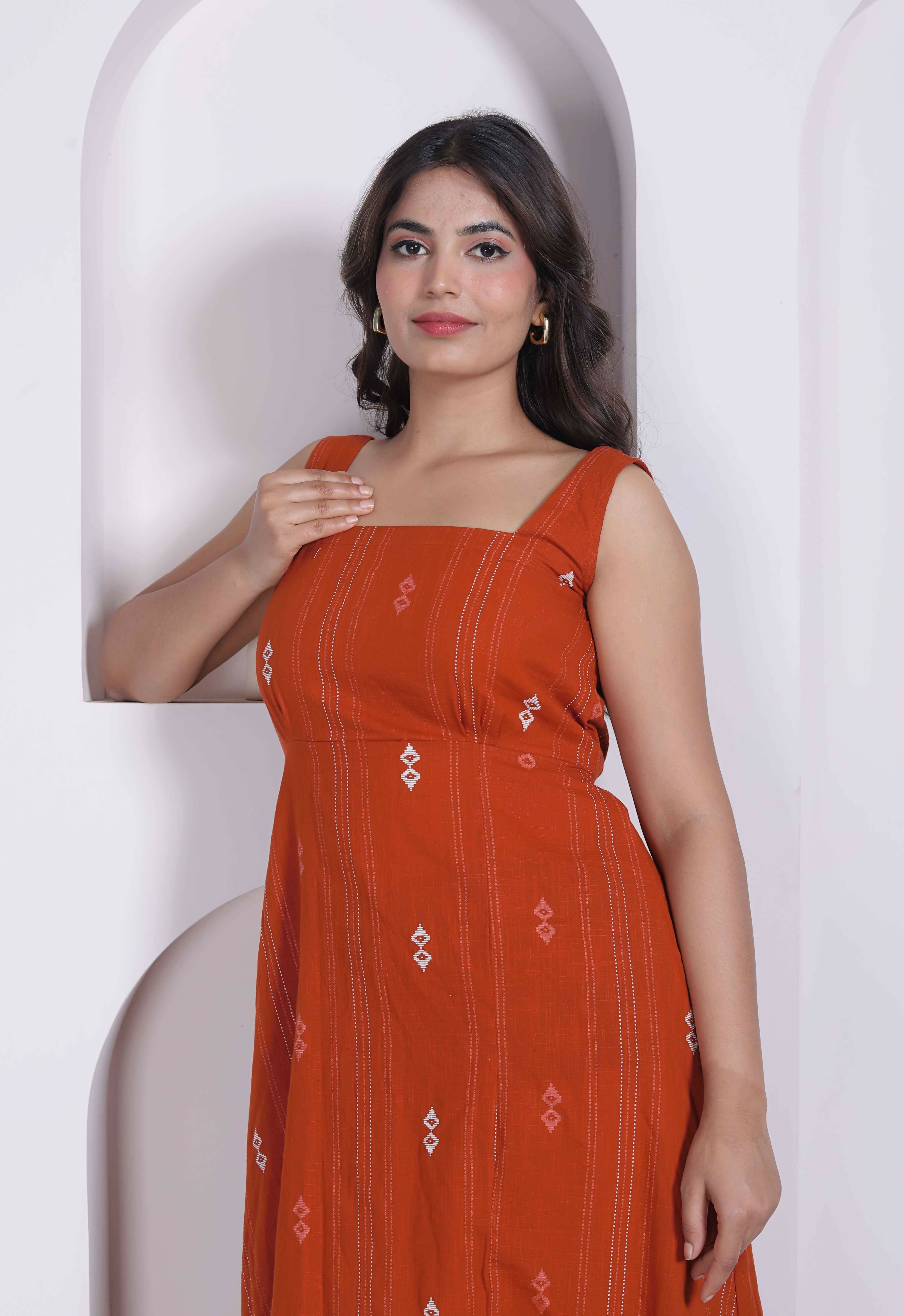 Miravan Womens Abstract Printed Rust ALine Maxi Dress | Grocsy
