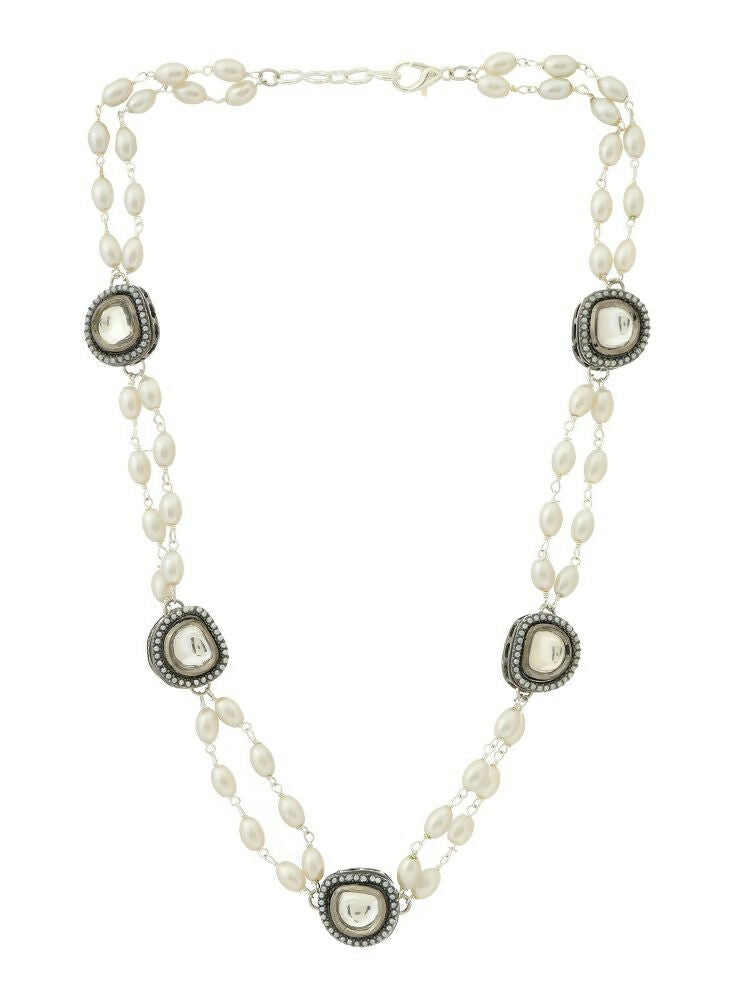 Rhodium Plated Kundan Necklace - Ruby Raang | Grocsy