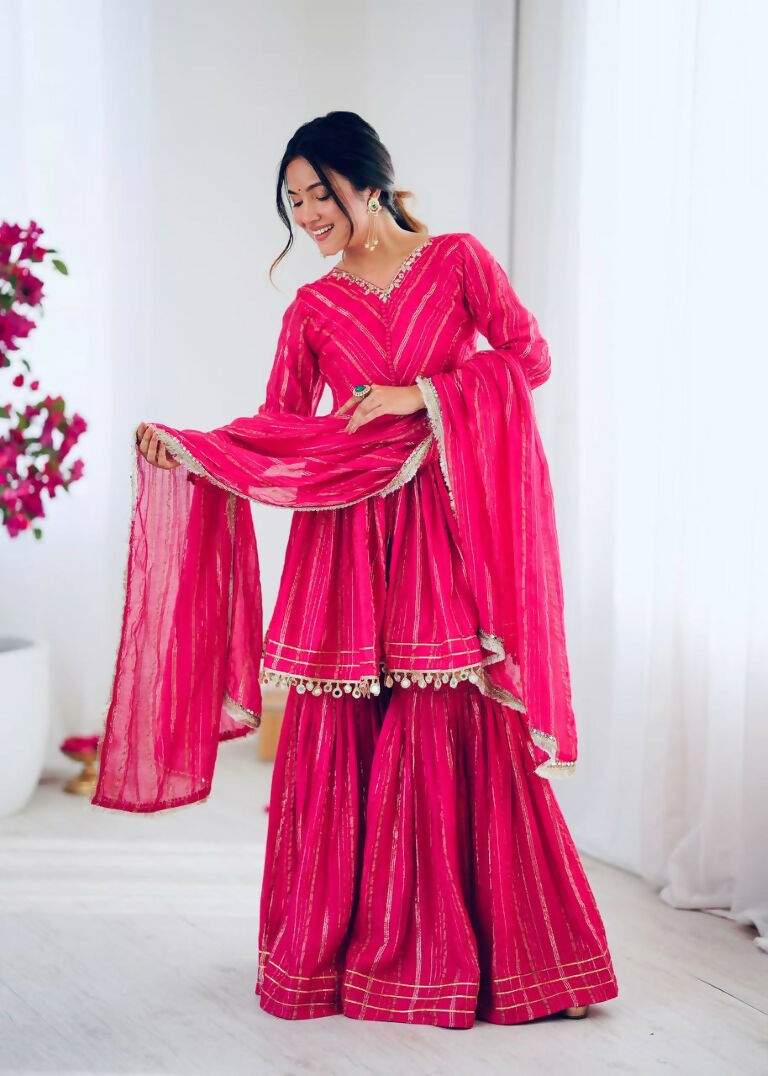 Teeya Creation Pink Color Mal Chanderi Silk Mirror Work And Hand Work Sharara set | Grocsy