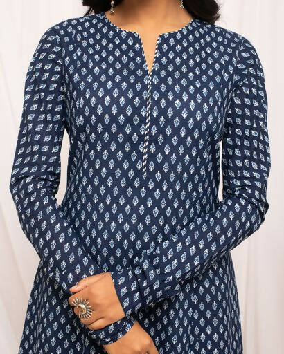 FIORRA Women's Floral Printed Navy Blue Cotton A-Line Kurta | Grocsy