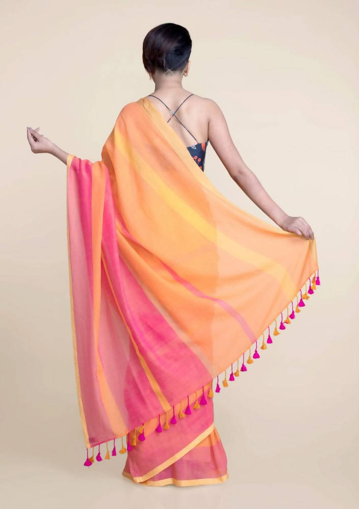 Suta Orange Pink Striped Mul Saree | Grocsy