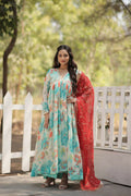 Vastranavya Digital Printed Russian silk & Stitch Canvas Patta Gown with Dupatta - Sky Blue | Grocsy