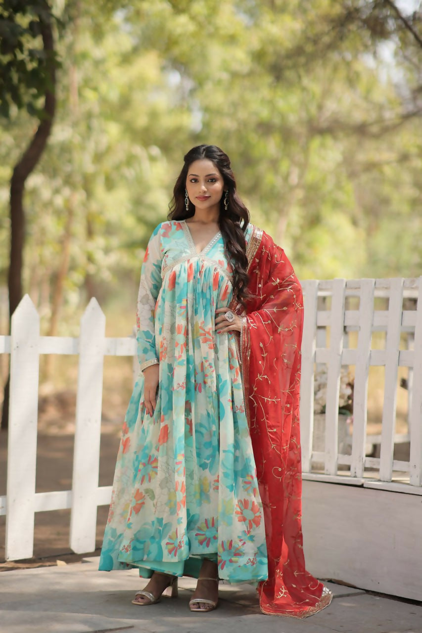 Vastranavya Digital Printed Russian silk & Stitch Canvas Patta Gown with Dupatta - Sky Blue | Grocsy