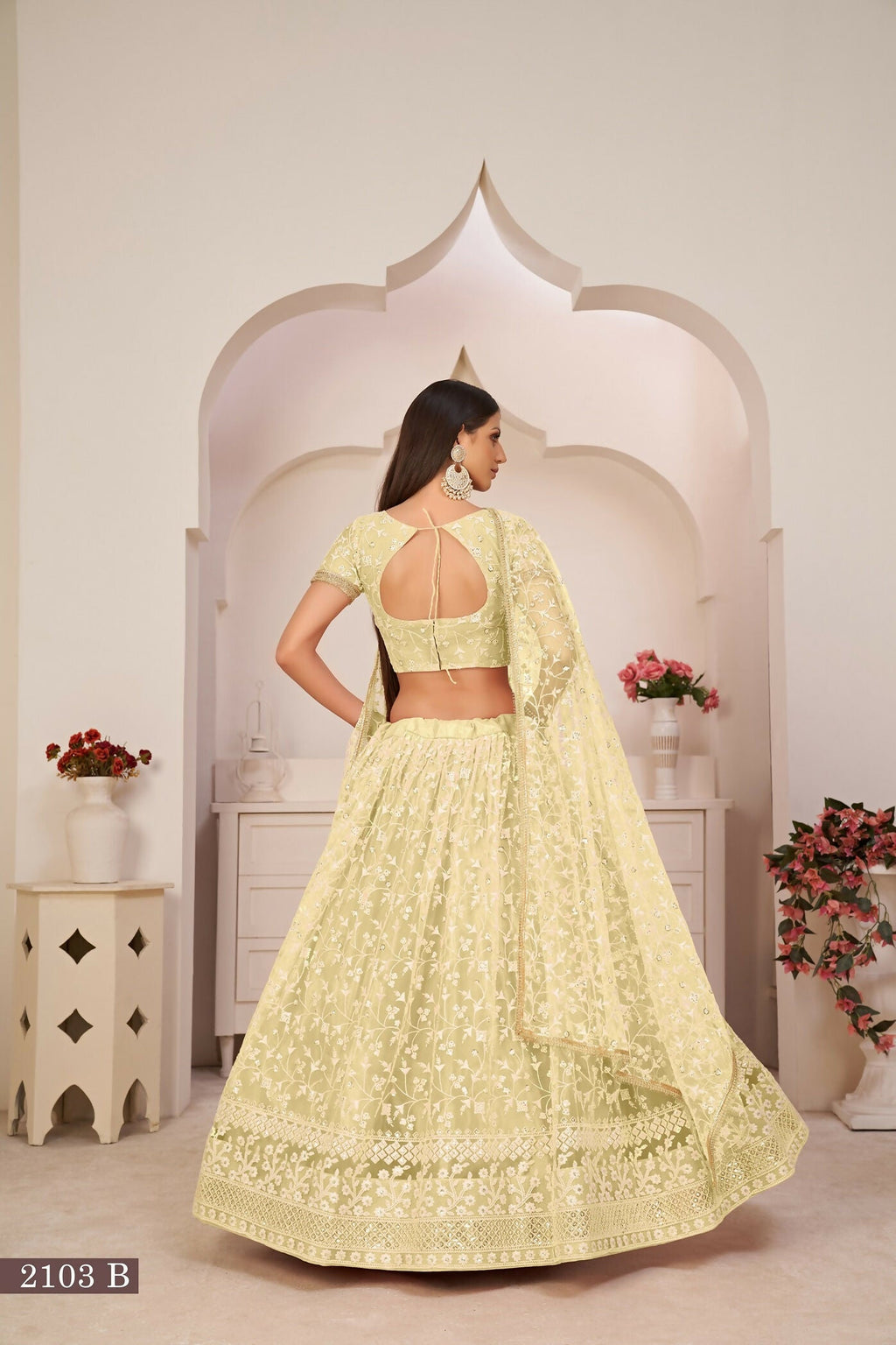 Eilara Lemon Green Net Floral Embroidered Lehenga Choli Set | Grocsy