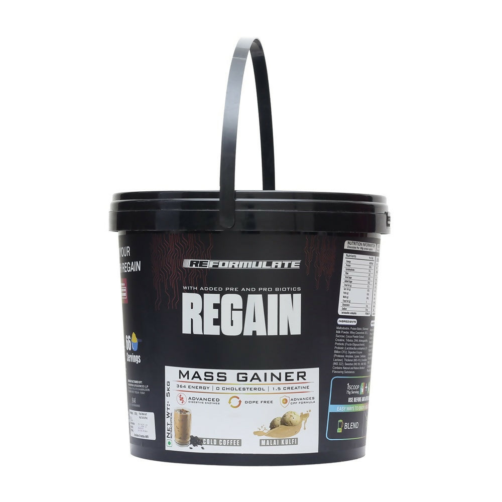 Reformulate Regain I Mass Gainer with Added Pre and Pro Biotics I 364 Energy | 1.5 Creatine - Cold Coffee & Malai Kulfi | Grocsy