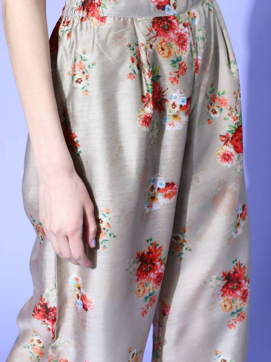 Ahalyaa Women Beige Colour Chanderi Digital Printed Kurta Palazzo Set | Grocsy