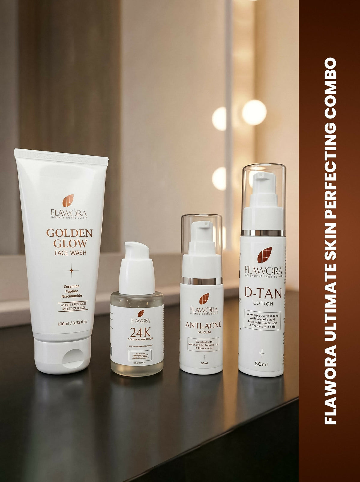 Flawora Set of Golden Glow Face Wash, Anti Acne Serum, 24k Golden Glow Face Serum and D-Tan Lotion | Grocsy
