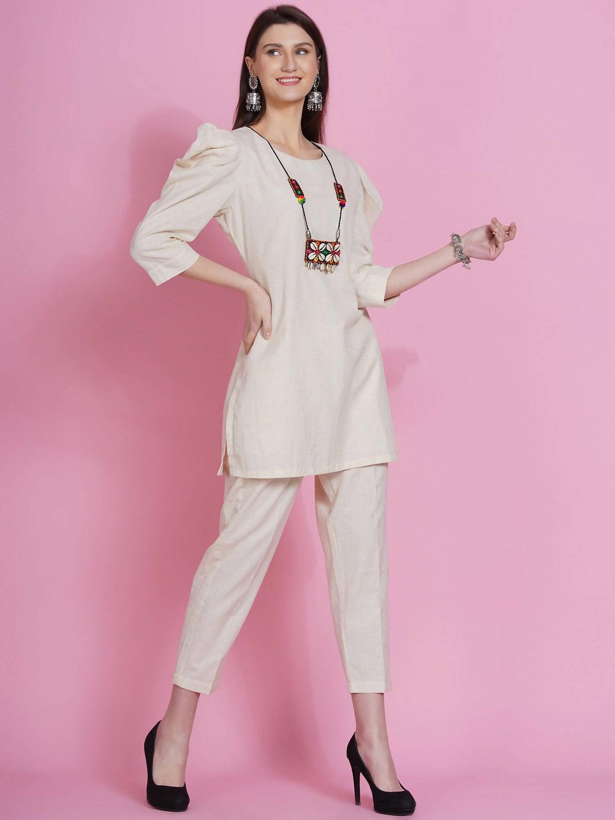 Women Republic Off White Cotton Flex Kurta With Attached Necklace And Pants | Grocsy