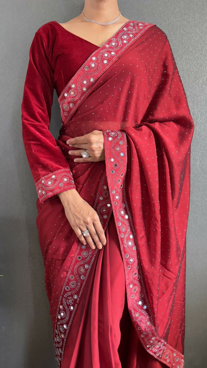Vastranavya Red Rangoli Silk Real Mirror work with Swarovski work Ready to Wear Saree | Grocsy