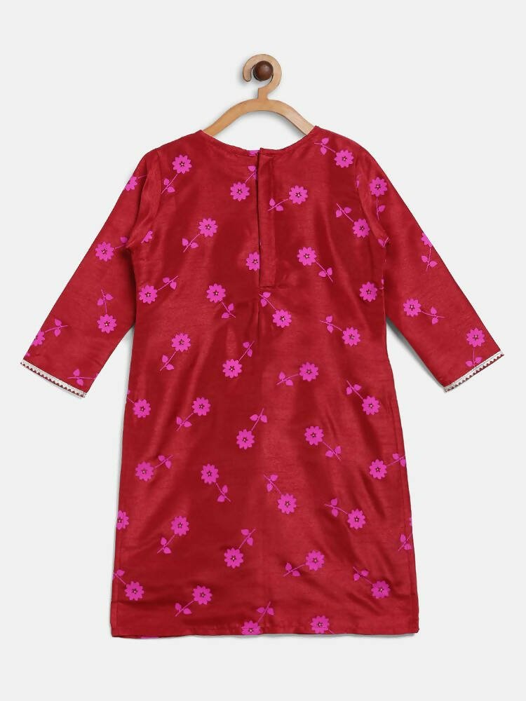 Ahalyaa Red Poly Silk Straight Printed Kids Kurta Palazzo Set For Girls | Grocsy
