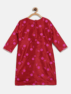 Ahalyaa Red Poly Silk Straight Printed Kids Kurta Palazzo Set For Girls | Grocsy