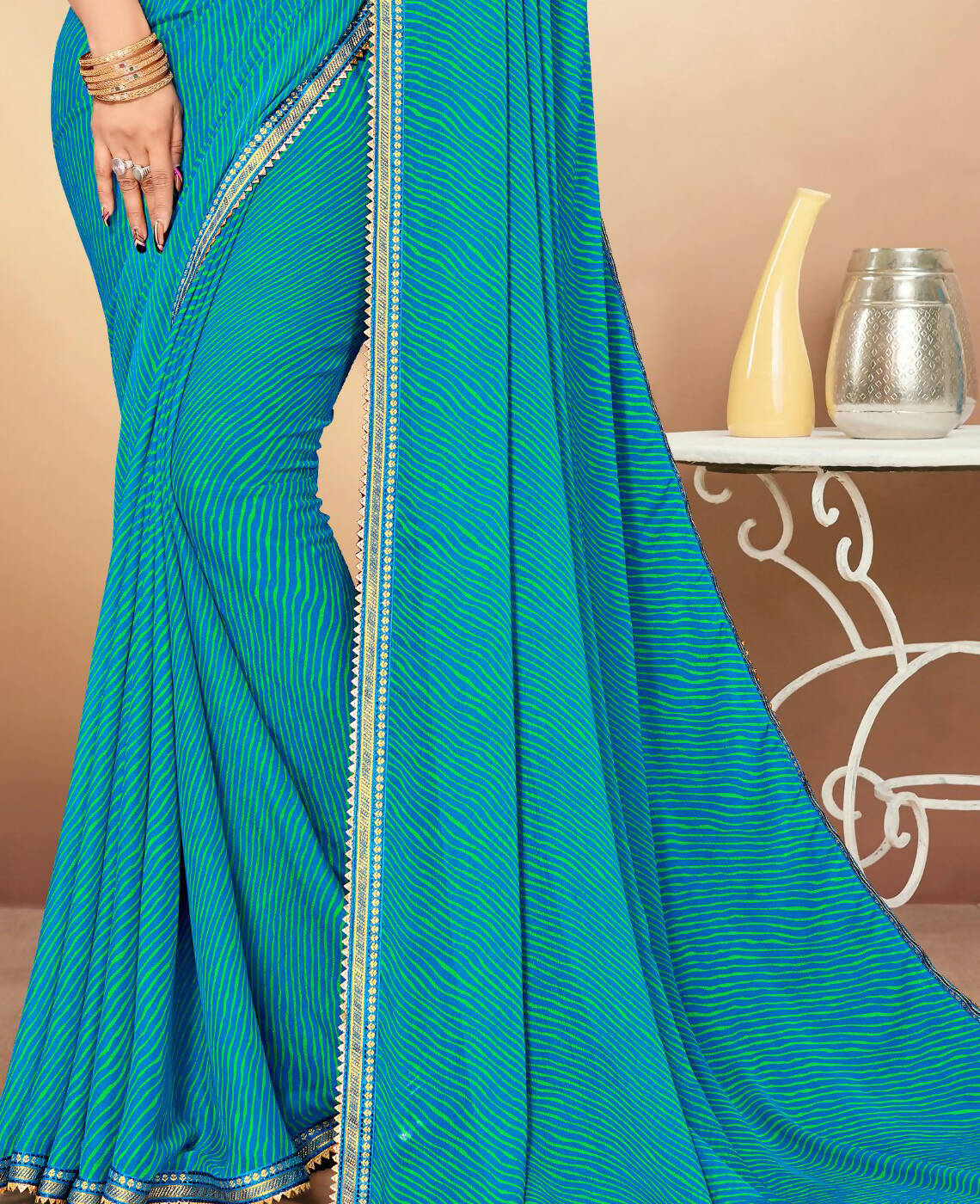 Sky Blue Chiffon Leheriya Printed Saree With Unstitched Blouse Piece - Swarna | Grocsy