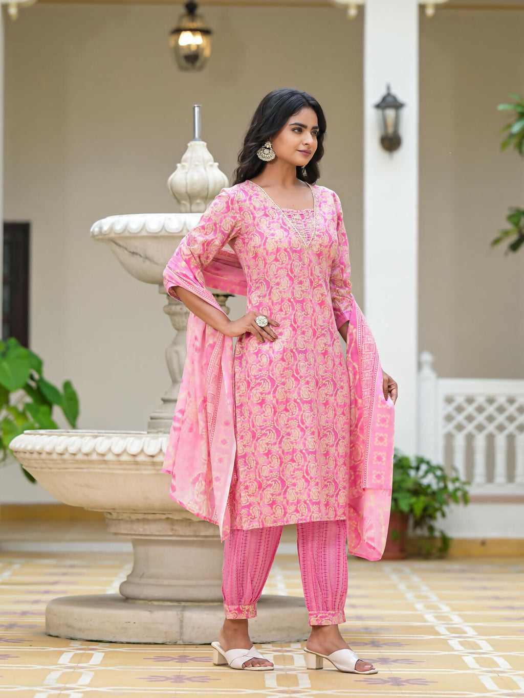 Juniper Women's Pink Ethnic Motif Printed Cotton Kurta Pant With Dupatta Set With Sequins & Lace | Grocsy
