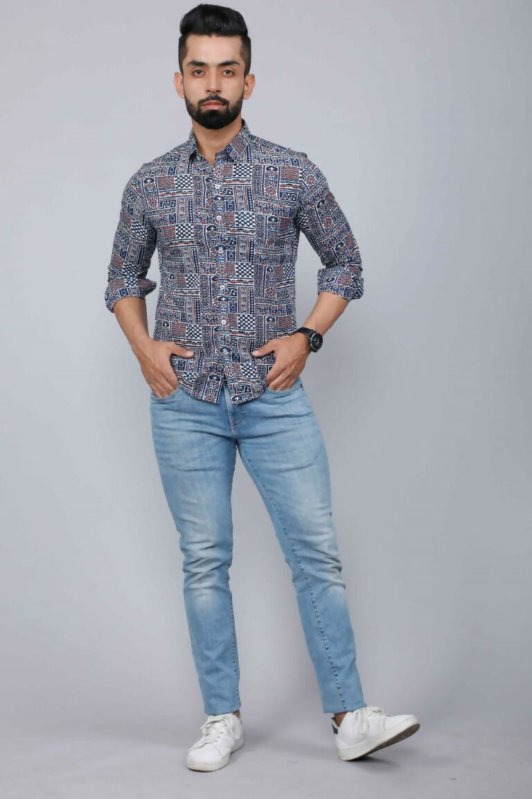 Miravan Men's Blue Floral Print Long Sleeve Casual Shirt | Grocsy