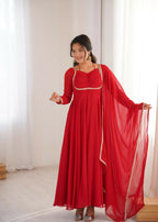 The52 Women's Gorgeous Solid Fox Blooming Georgette Fabric Flared Anarkali and Dupatta Set-Red | Grocsy