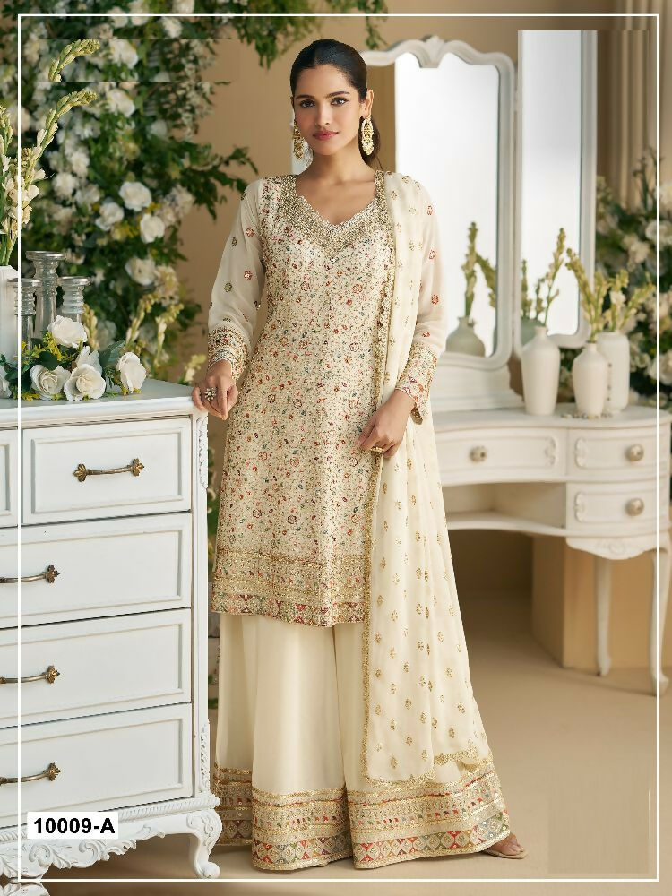 Anaita Off-white Embroderied Faux Georgette Stitched Plazzo Suit | Grocsy