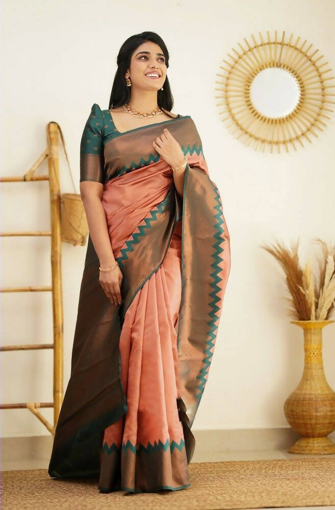 DEIANA'S Beautiful Designer Golden zari Soft Lichi Silk Saree - Peach | Grocsy