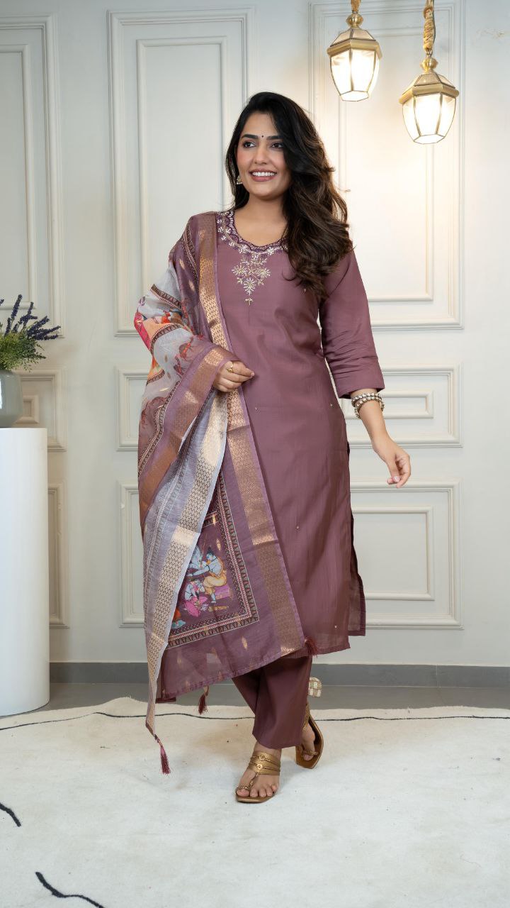 Lorenvalley Fashion Burgundy Roman Silk Hand Work Kurta Pant with Dupatta | Grocsy