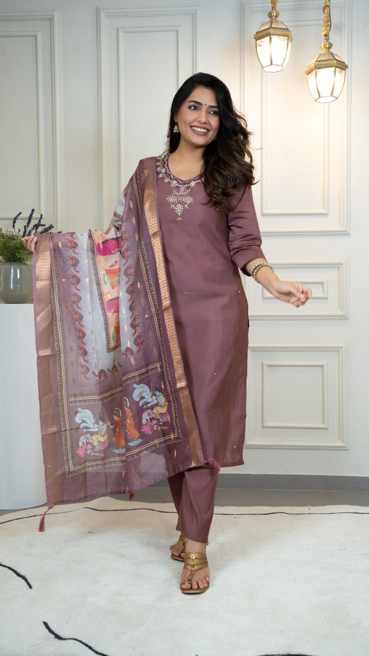 Lorenvalley Fashion Burgundy Roman Silk Hand Work Kurta Pant with Dupatta | Grocsy