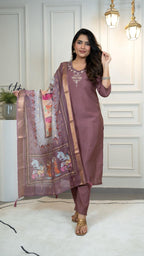 Lorenvalley Fashion Burgundy Roman Silk Hand Work Kurta Pant with Dupatta | Grocsy