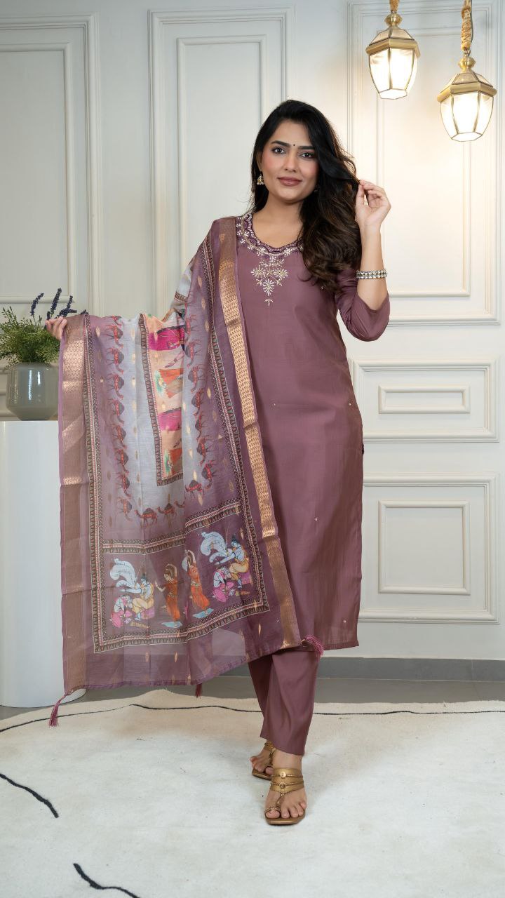 Lorenvalley Fashion Burgundy Roman Silk Hand Work Kurta Pant with Dupatta | Grocsy
