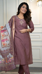 Lorenvalley Fashion Burgundy Roman Silk Hand Work Kurta Pant with Dupatta | Grocsy