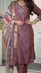 Lorenvalley Fashion Burgundy Roman Silk Hand Work Kurta Pant with Dupatta | Grocsy