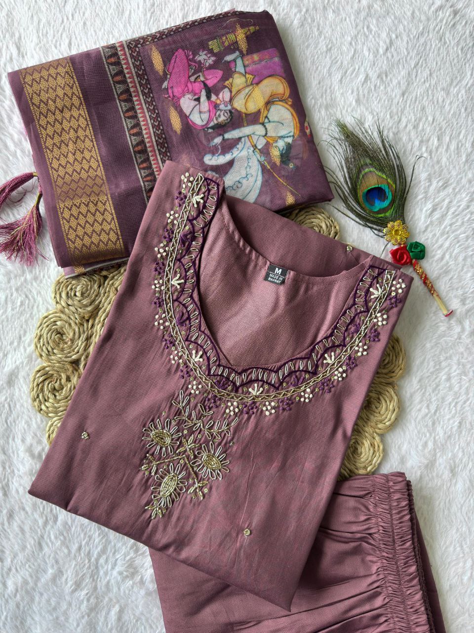 Lorenvalley Fashion Burgundy Roman Silk Hand Work Kurta Pant with Dupatta | Grocsy