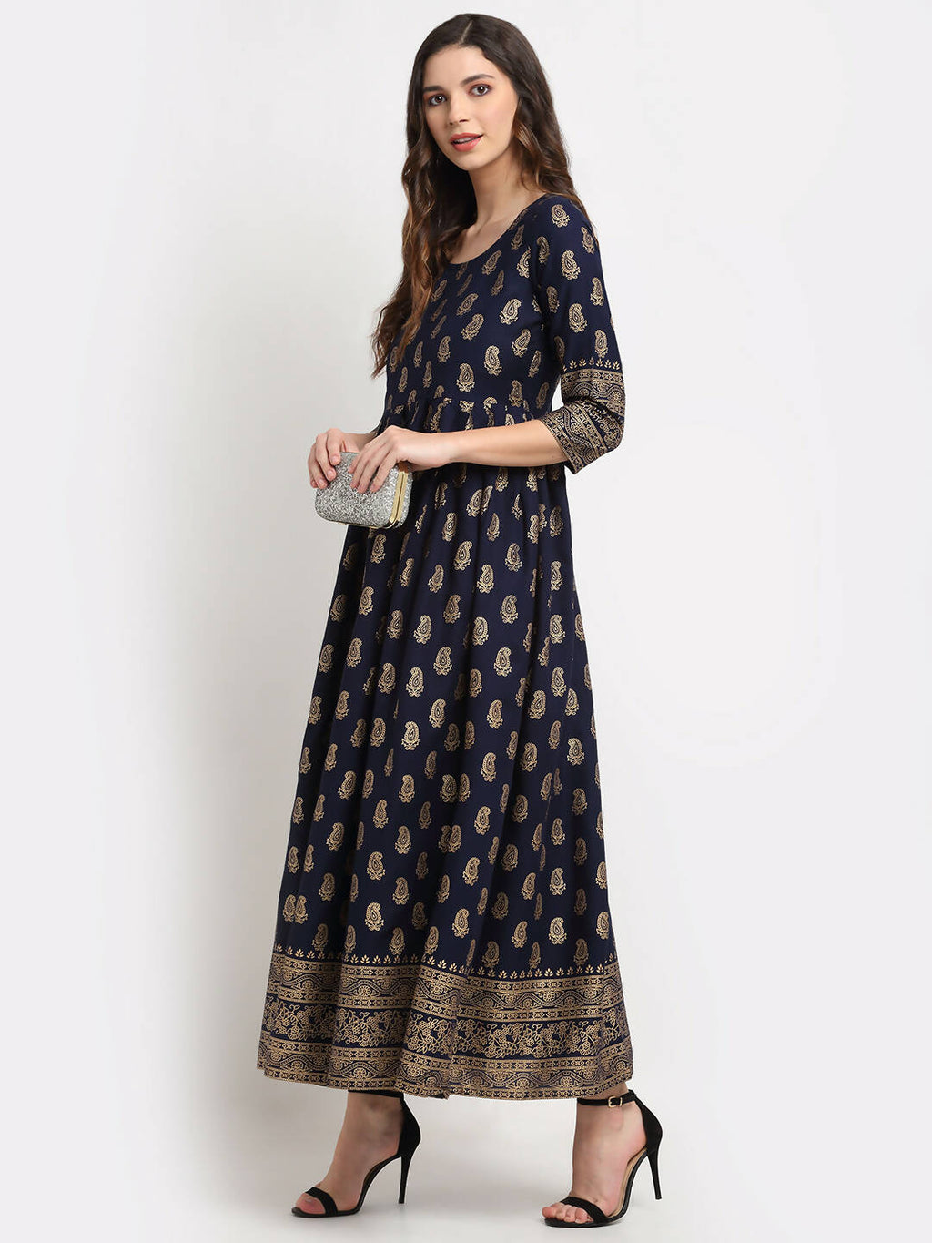 Rudra Bazaar Gold Printed A-Line Blue Kurti | Grocsy