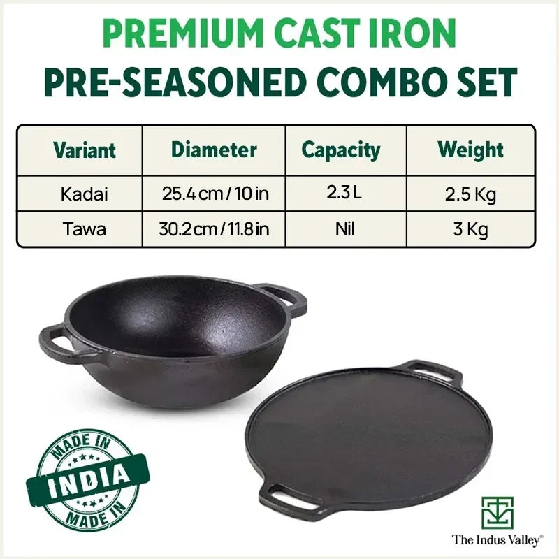 The Indus Valley CASTrong Cast Iron Cookware Set: Tawa+ Kadai, Kitchen Set for Home, Pre-seasoned, 100% Pure, Toxin-free, Induction, Tadka Pan | Grocsy