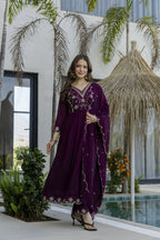 The52 Women's Beautiful Embroidery Work Vichitra Silk Fabric Flared Anarkali Pant and Dupatta Set | Grocsy