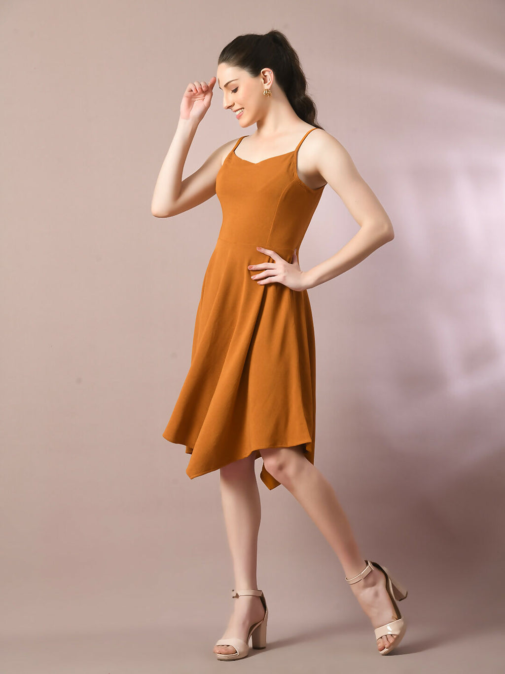 Myshka Women's Mustard Solid Shoulder Straps Fit and Flare Party Dress | Grocsy