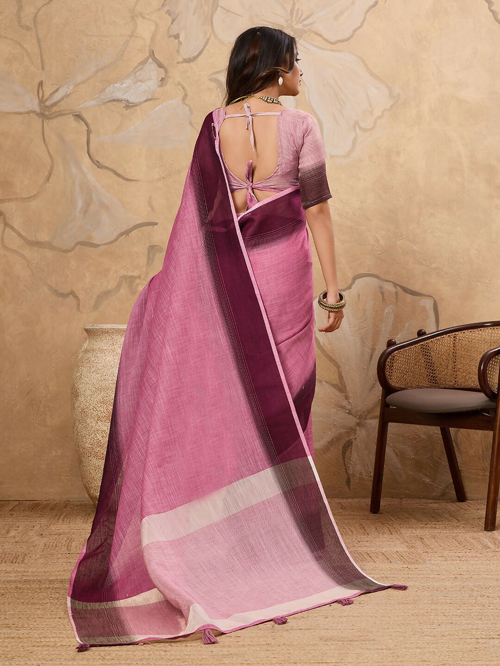 Shree Shyam Fashion Rani Pink Linen Saree | Grocsy