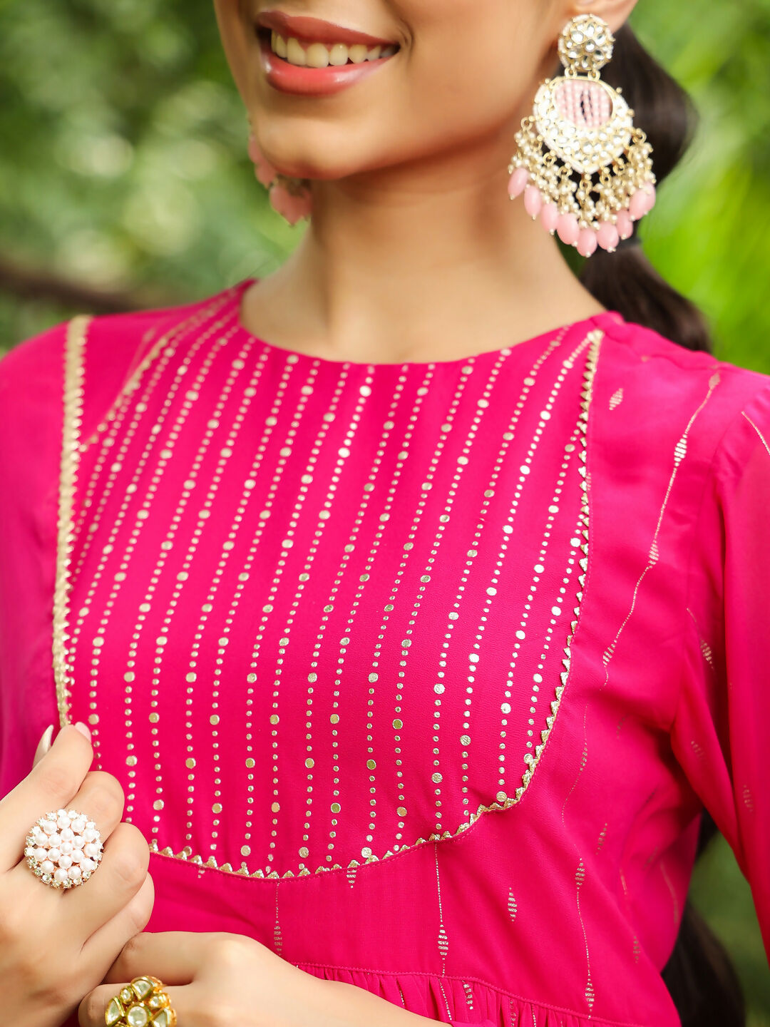 Janasya Pink Georgette Foil Print Kurta,Bottom & Dupatta | Grocsy
