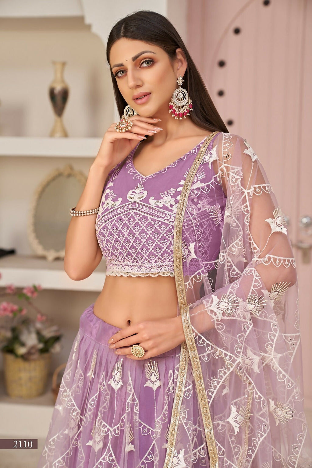 Eilara Women'S Lavender Butterfly Net White Cotton Thread And Zari Sequence Embroidered Work Lehenga Choli For Wedding | Grocsy