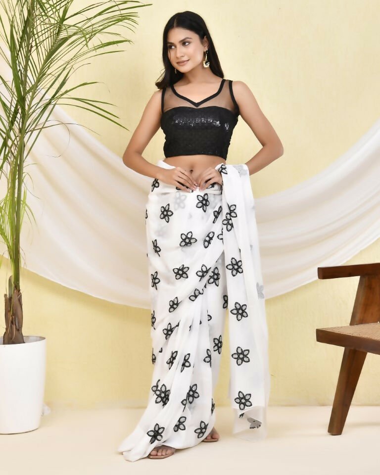 Amodini Designer Studio Half Net Black Sleeveless Padded Blouse | Grocsy