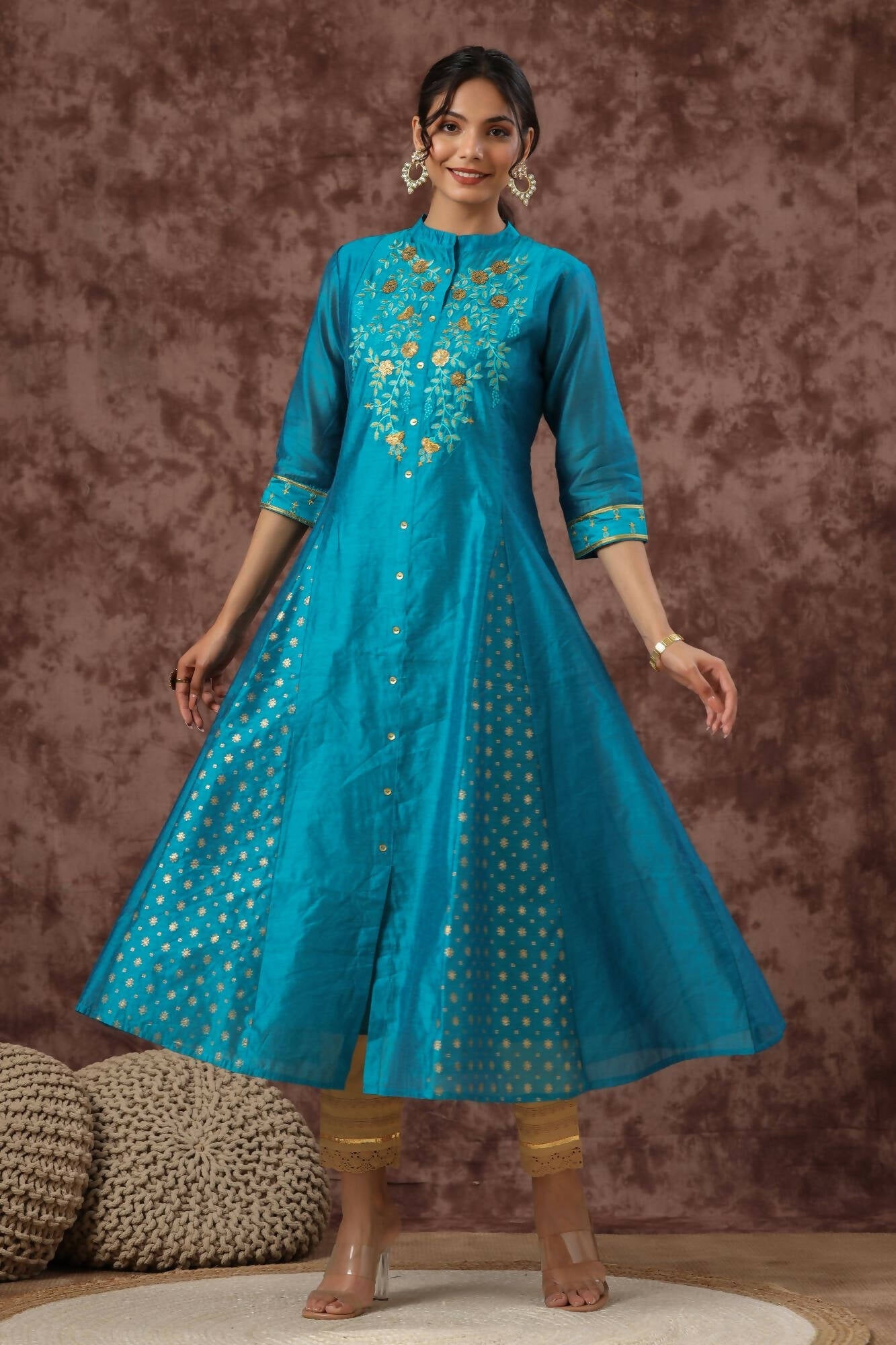 Juniper Women Teal Chanderi Silk Embroidered & Printed Anarkali Kurta | Grocsy
