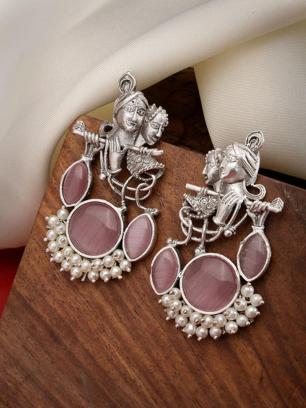 NVR Women's Silver-Plated Artificial Stones and Beads Radha Krishna Drop Earrings | Grocsy