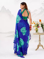Vastranavya Royal Blue Floral Print with Lace Border work Chiffon Saree & Unstitched Blouse | Grocsy