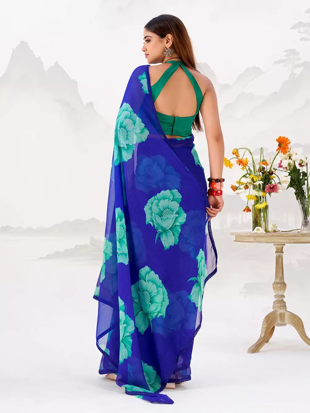 Vastranavya Royal Blue Floral Print with Lace Border work Chiffon Saree & Unstitched Blouse | Grocsy
