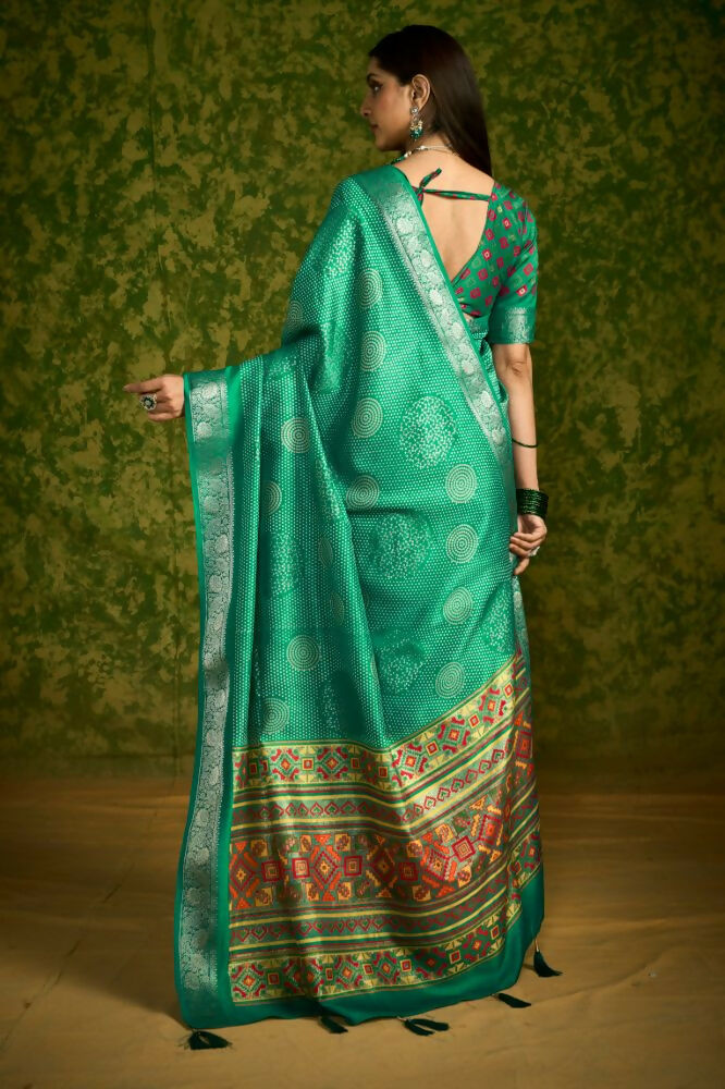 Joban Fashion Bottle Green Velvet Tussar Silk with Foil Print Saree | Grocsy